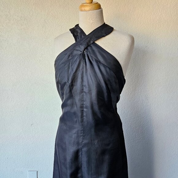 Vintage 70s Black Keyhole Cross Halter Lettuce Ruffle Hem Slit Maxi Dress Gown M - Picture 2 of 9